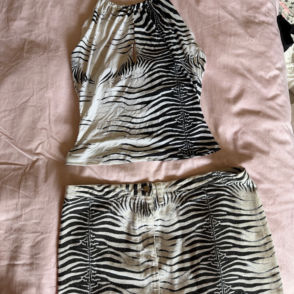 Roberto Cavalli Black and White Zebra Print Skirt Set